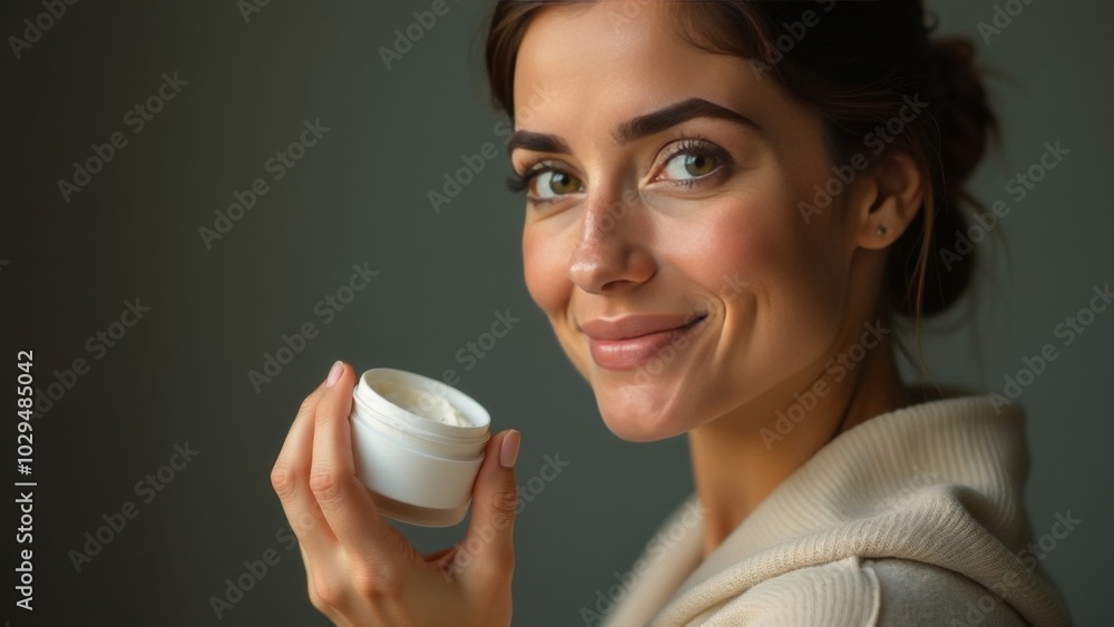 A well-groomed middle-aged woman holds a jar of face cream around her eyes in her hands. Place for text. Advertising space