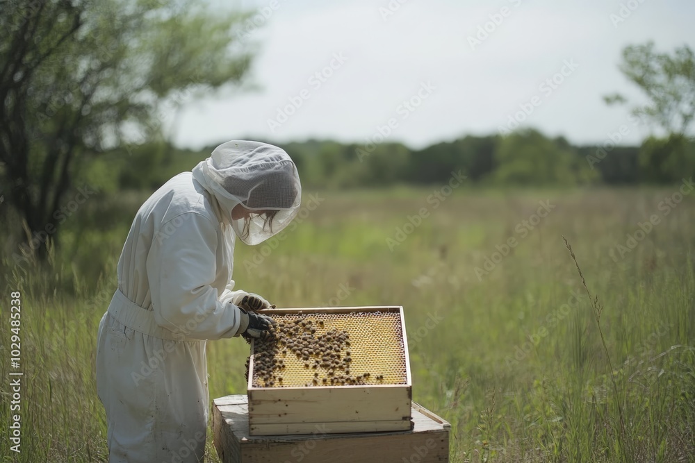 Beekeeper inspecting a honeycomb frame in protective gear
Beekeeper inspecting a honeycomb frame in protective gear