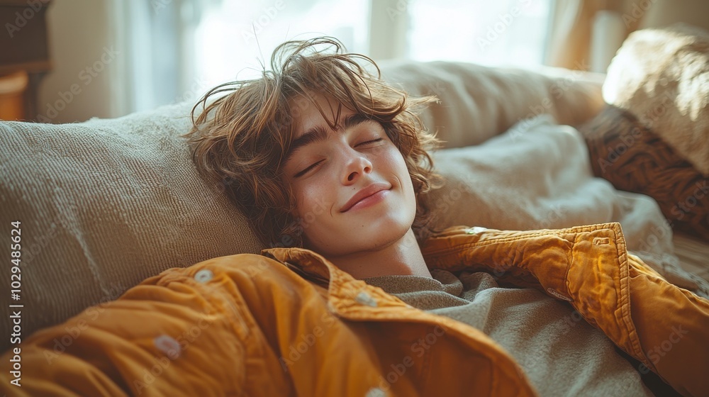 Relaxed young person enjoying a cozy afternoon on a sofa, bathed in warm sunlight, with a peaceful smile in a comfortable indoor setting Relaxed young person enjoying a cozy afternoon on a sofa, bathed in warm sunlight, with a peaceful smile in a comfortable indoor setting