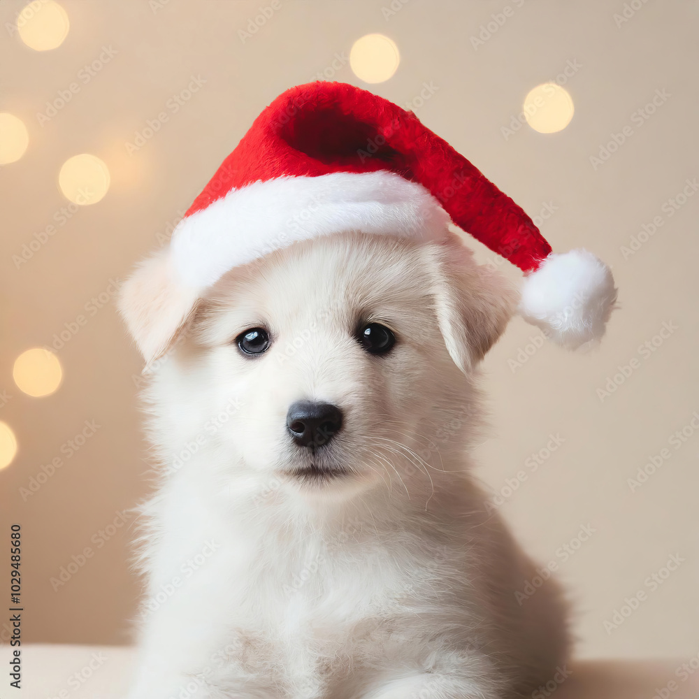 portrait of a white puppy dog wearing a Santa hat with blurry bokeh lights in the background portrait of a white puppy dog wearing a Santa hat with blurry bokeh lights in the background