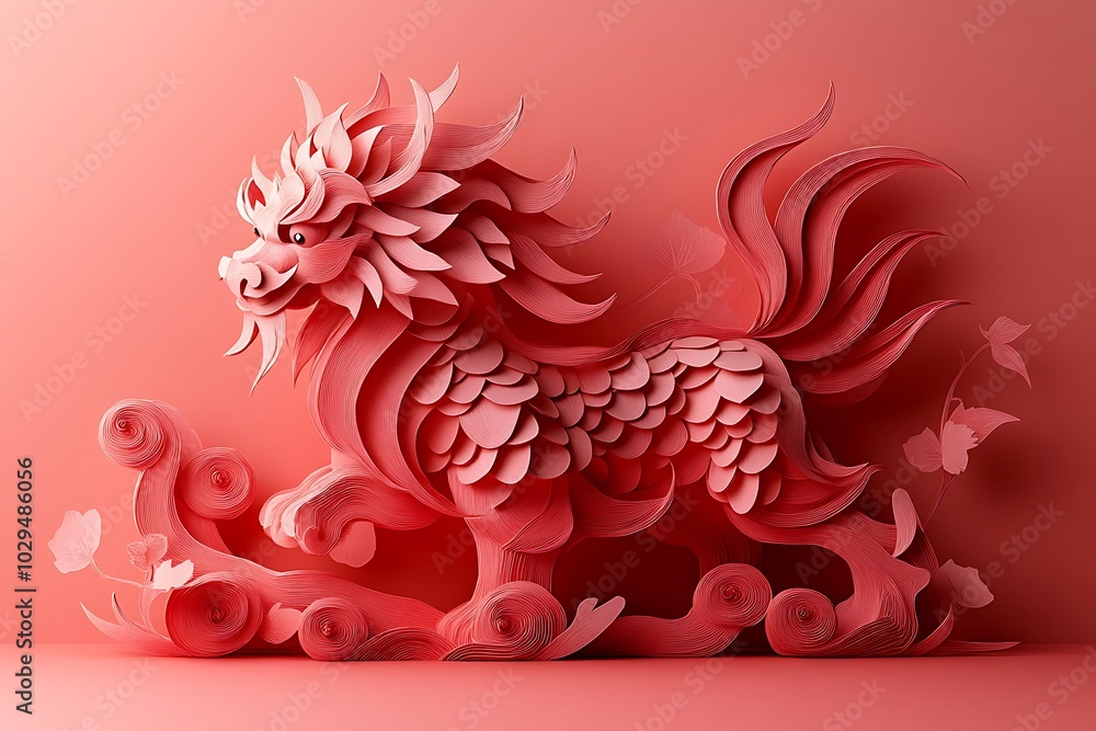 Red paper dragon sculpture on a red background with paper flowers. Red paper dragon sculpture on a red background with paper flowers.