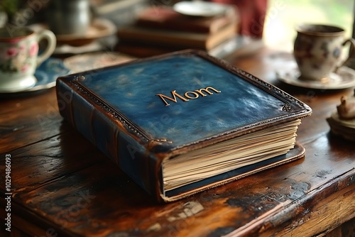 A blue leather photo album with the inscription Mom on a rustic wooden table