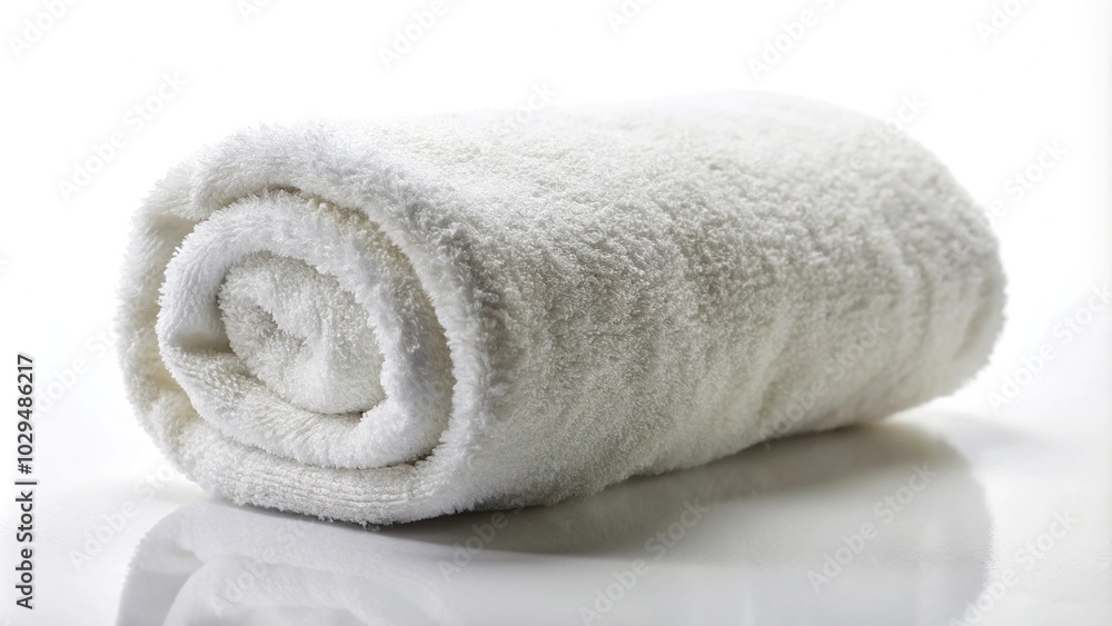 Plush white towel against white background with leading lines