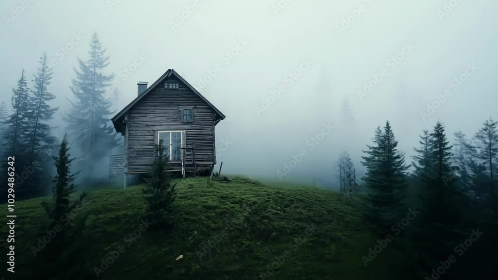 Old wooden cabin is standing on a hill in the middle of a forest, surrounded by fog. The atmosphere is mysterious and lonely Old wooden cabin is standing on a hill in the middle of a forest, surrounded by fog. The atmosphere is mysterious and lonely