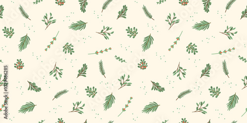 Christmas and Happy New Year seamless pattern. Branches, leaves, berries, snowflakes. New Year symbols. Trendy retro style. Vector template.