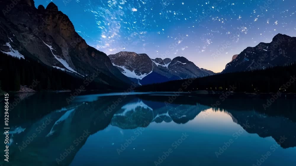 Serene night sky reflects stars on a calm lake in a mountain range. Offering peace and beauty for quiet contemplation outdoors. Explore banff national park in  for this stunning twilight view