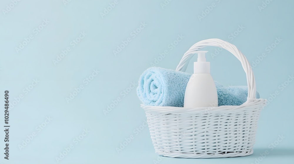 Obraz premium White basket with baby cream, body wash, and towels on a light blue background