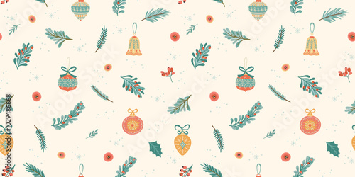 Christmas and Happy New Year seamless pattern. Christmas tree decorations branches, berries, snowflakes. New Year symbols. Trendy retro style. Vector template.