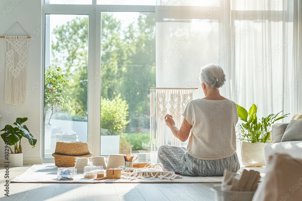 Elderly woman looking out a window while holding a piece of white fabric, backlit by soft sunlight
Elderly woman looking out a window while holding a piece of white fabric, backlit by soft sunlight