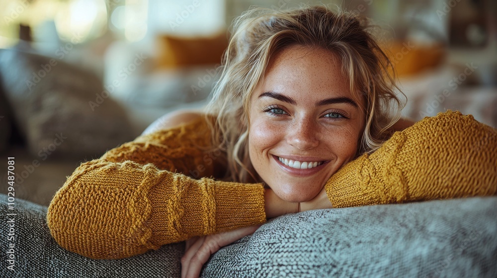 Young woman smiling warmly while relaxing on a cozy couch in a bright, comfortable living room Young woman smiling warmly while relaxing on a cozy couch in a bright, comfortable living room