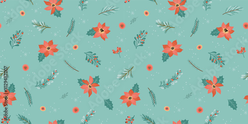 Christmas and Happy New Year seamless pattern. Christmas tree, flowers, berries. New Year symbols. Vector template.