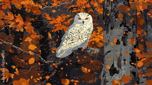   A white owl perched on an orange-yellow leaf-filled tree branch during autumn