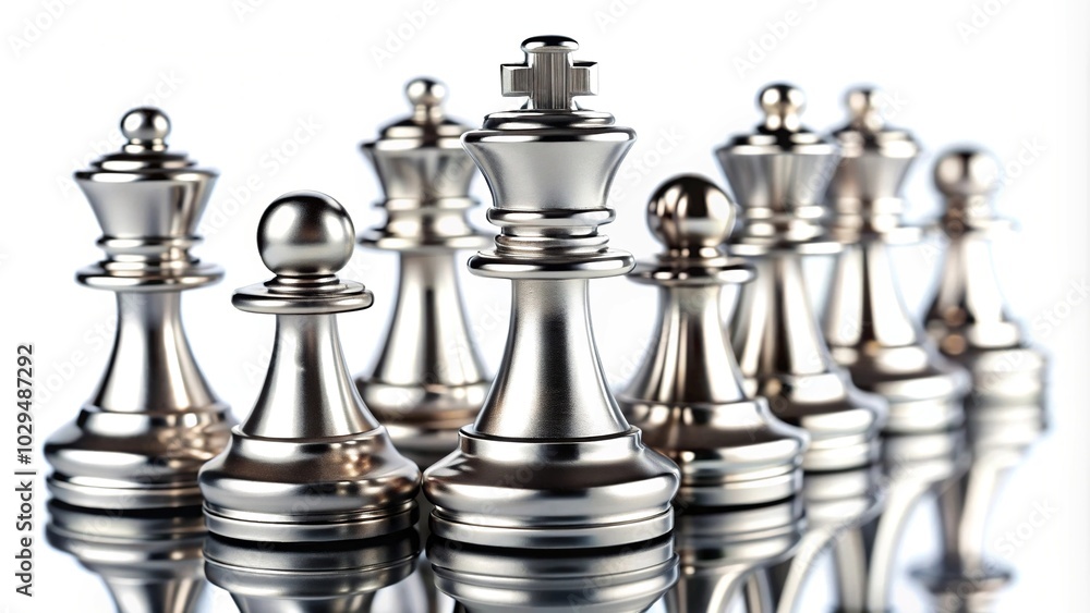 Point of view image of silver chess pieces on white background Point of view image of silver chess pieces on white background