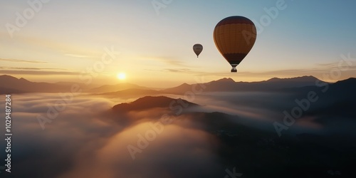 A beautiful sunrise landscape with hot air balloons in sky