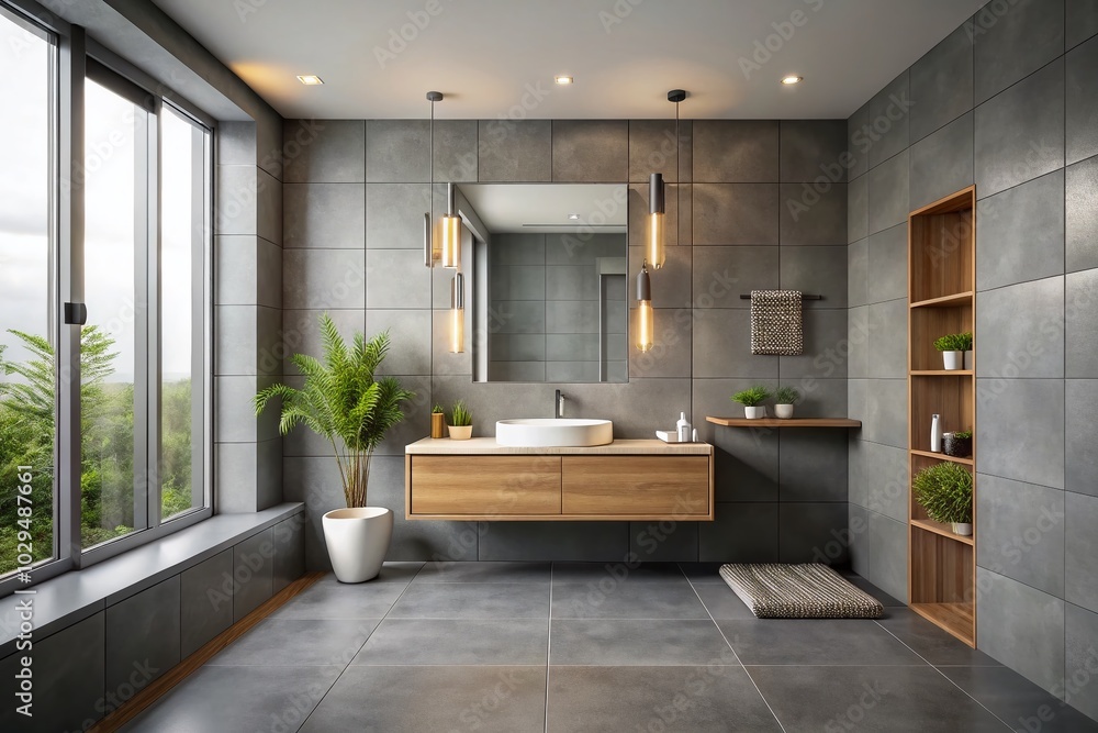 Modern Bathroom with Large Gray Tiles - Minimalist Design Inspiration Modern Bathroom with Large Gray Tiles - Minimalist Design Inspiration