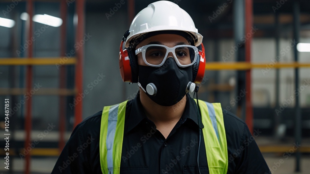 Factory and male worker male worker wearing black suit, white hat, white hard mask, headphones, clear glasses in industry. Factory and male worker male worker wearing black suit, white hat, white hard mask, headphones, clear glasses in industry.