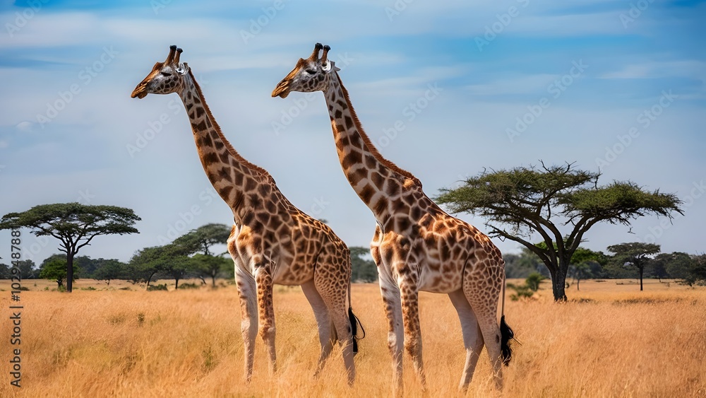 Obraz premium Pair of Giraffes Standing in Open Savanna