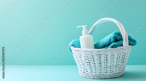 White basket with baby cream, body wash, and towels on a light blue background