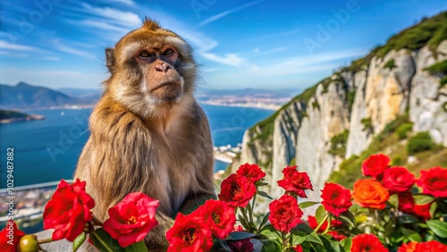 Tilted Angle Gibraltar monkey with red roses backdrop of the Rock of Gibraltar