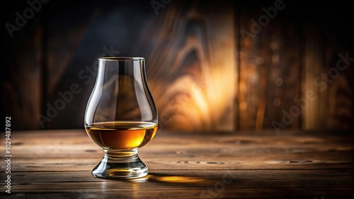 Tilted angle Glencairn glass with Scotch single malt whisky photo