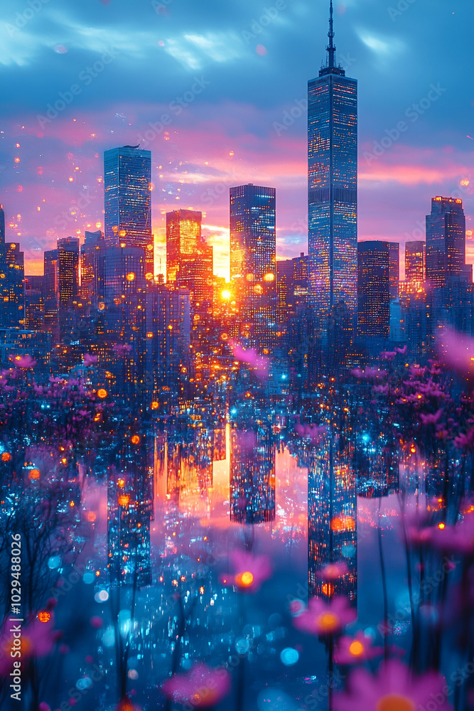 A city skyline with a sunset in the background. The city is reflected in the water, creating a serene and peaceful atmosphere A city skyline with a sunset in the background. The city is reflected in the water, creating a serene and peaceful atmosphere