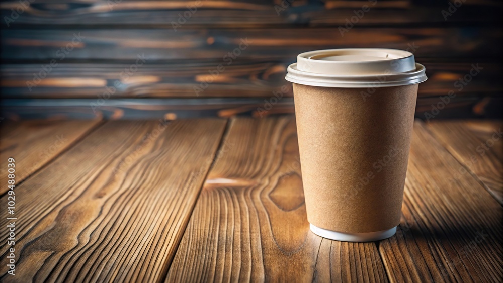 Tilted angle mockup of paper cup on wooden table Tilted angle mockup of paper cup on wooden table