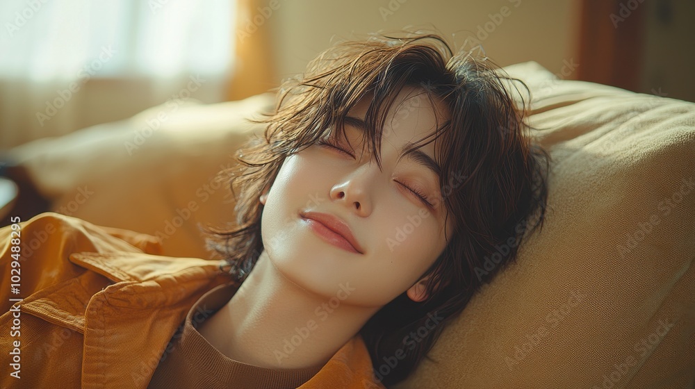A person with tousled hair relaxing on a cozy couch in warm afternoon light, embodying serenity and calmness at home A person with tousled hair relaxing on a cozy couch in warm afternoon light, embodying serenity and calmness at home