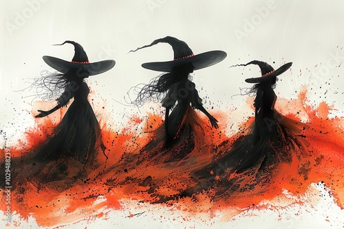 Halloween greeting card : Cute witch ,witch hat,witch's wand,witch castle, spider web , grave with copy space on white background