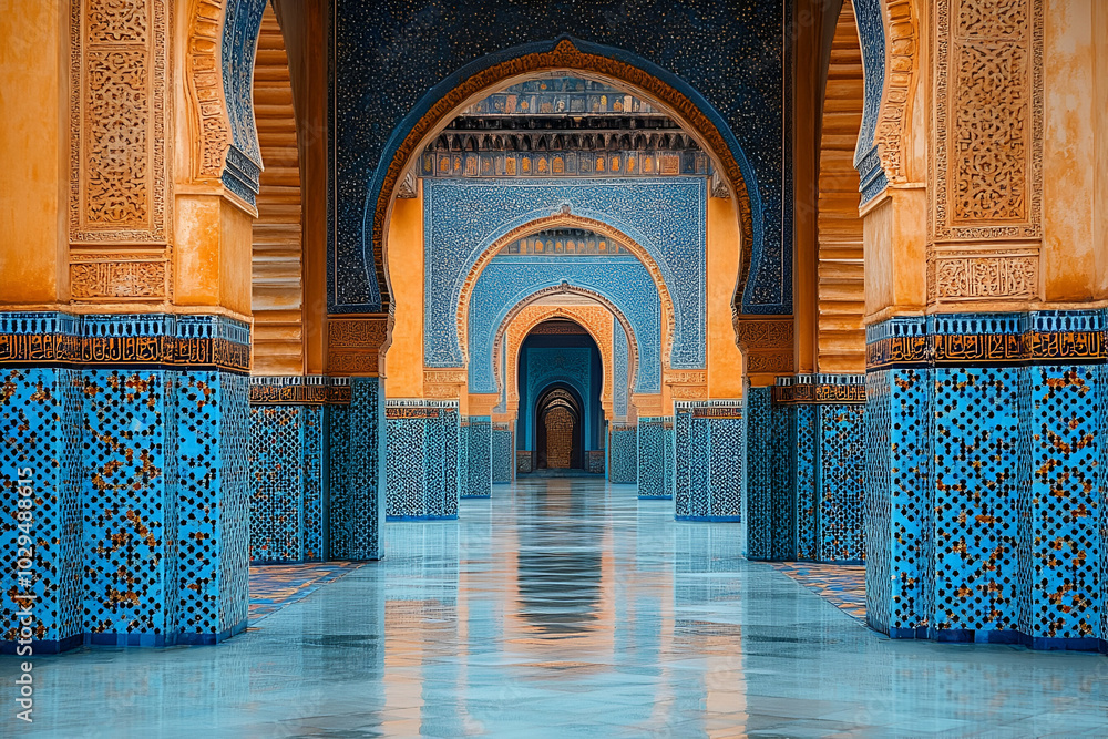 A long hallway with blue and yellow tiles. The tiles are arranged in a way that creates a sense of depth and space. The hallway is empty, giving it a serene and peaceful atmosphere