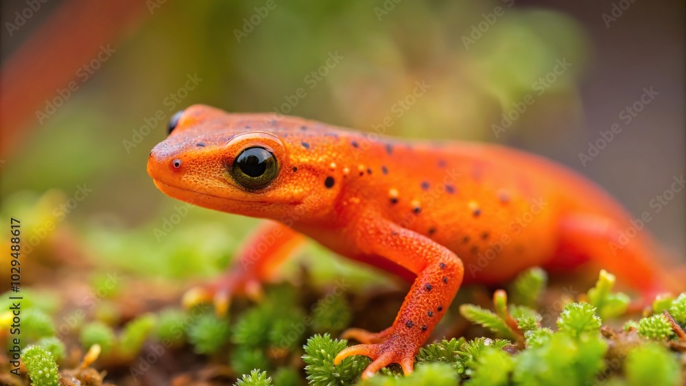 Fototapeta premium Tiny eastern red spotted newt passing by in front of blurred background