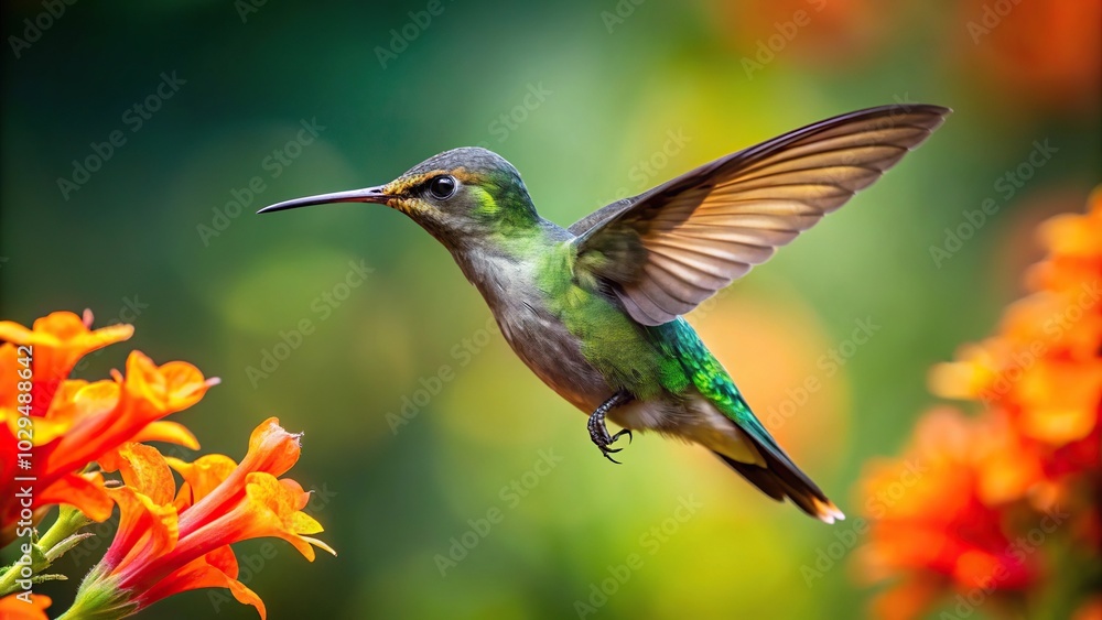 Tiny green hummingbird flying in front of an orange exotic flower Extreme Close-Up Tiny green hummingbird flying in front of an orange exotic flower Extreme Close-Up