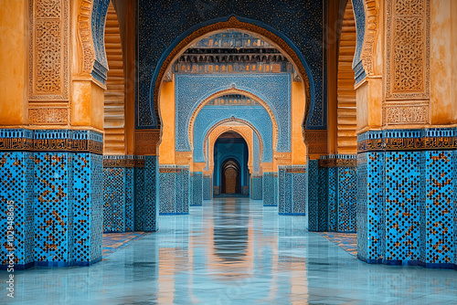 Obraz na płótnie A long hallway with blue and yellow tiles. The tiles are arranged in a way that creates a sense of depth and space. The hallway is empty, giving it a serene and peaceful atmosphere w salonie