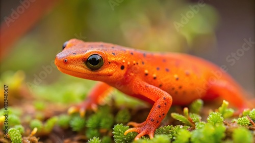 Tiny eastern red spotted newt passing by in front of blurred background photo