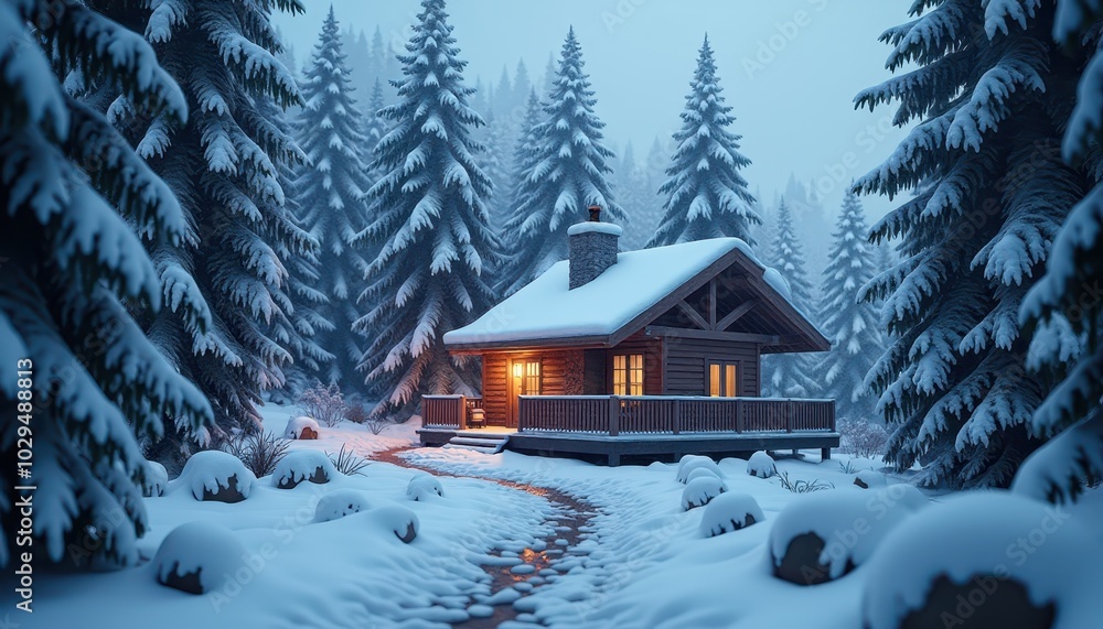A serene image of a secluded mountain cabin surrounded by snow-covered pines, with the warm glow of a firelight visible through the cabin windows Ad soft snowfall outside. A serene image of a secluded mountain cabin surrounded by snow-covered pines, with the warm glow of a firelight visible through the cabin windows Ad soft snowfall outside.