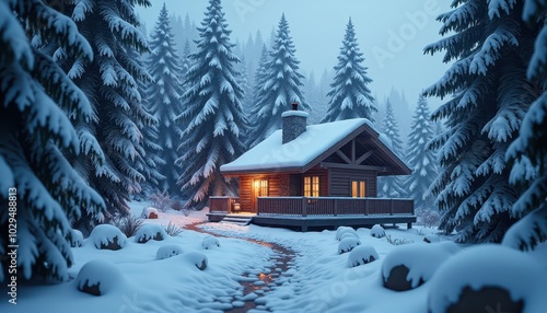 A serene image of a secluded mountain cabin surrounded by snow-covered pines, with the warm glow of a firelight visible through the cabin windows Ad soft snowfall outside.