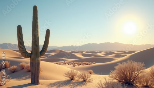 A mesmerizing image of a trAquil desert lAdscape with a solitary saguaro cactus, rolling sAd dunes, Ad a clear blue sky with the sun casting long shadows. photo