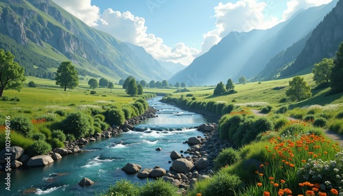 A captivating image of a scenic river meAdering through a picturesque valley, with lush green fields, colorful wildflowers, Ad the distAt sound of babbling water. photo