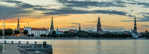 Waterfront morning view on historical district of Riga - the capital city of ...