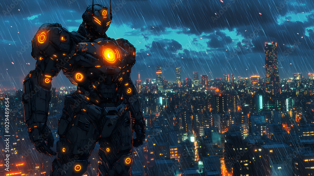Cyberpunk Mecha Samurai on Rooftop: Anime Illustration Cyberpunk Mecha Samurai on Rooftop: Anime Illustration