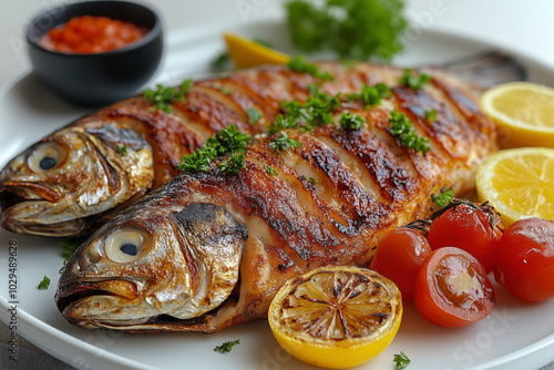 Grilled whole sea bass drizzled with herb-infused garlic olive oil, served with fresh vegetable salad of lettuce, tomatoes on white plate. Typical seafood dish of Spanish cuisine