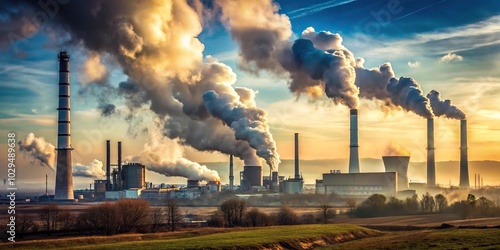 Polluted industrial landscape with smokestacks emitting toxins at a tilted angle photo