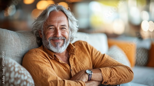 A smiling older man relaxes comfortably in a cozy living space with soft lighting and warm decor