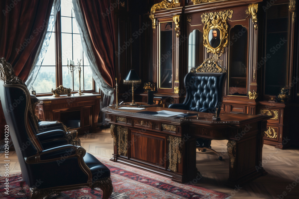 A home office styled as a royal council chamber, with large wooden desk and regal furnishings, representing professional authority A home office styled as a royal council chamber, with large wooden desk and regal furnishings, representing professional authority