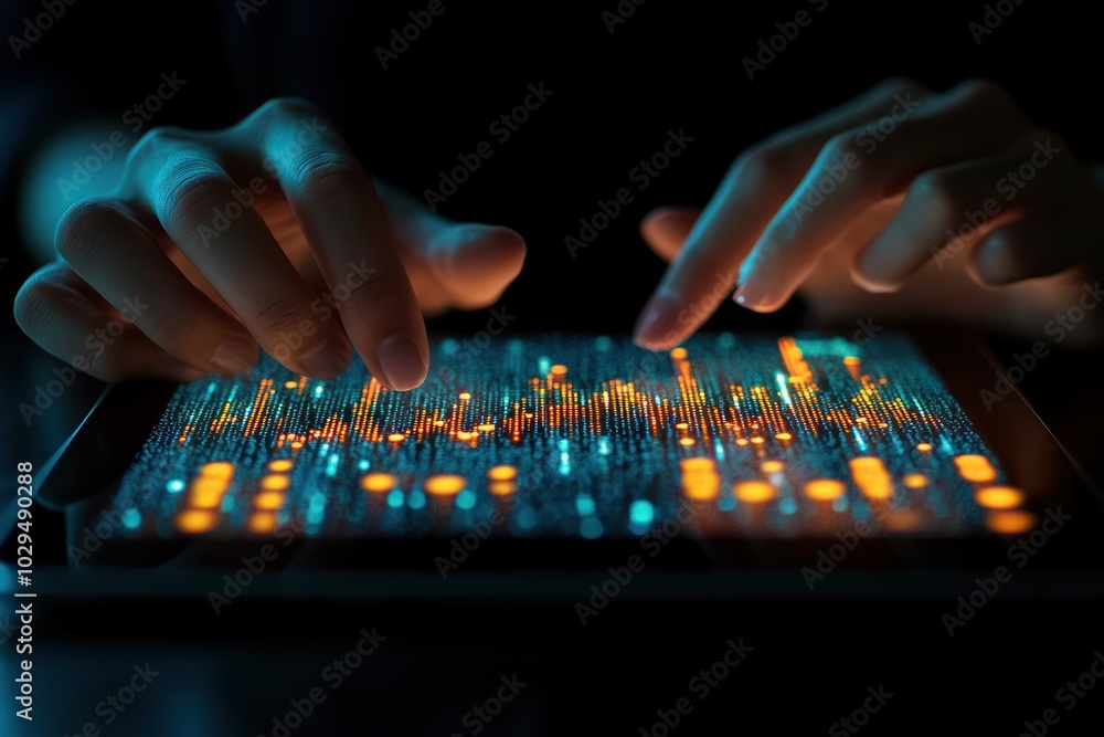 Hands interacting with a digital interface displaying data visualization. Hands interacting with a digital interface displaying data visualization.