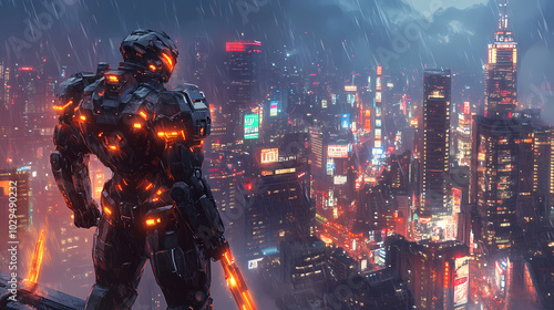 Mecha Samurai Overlooking Neon City: Futuristic Anime Art