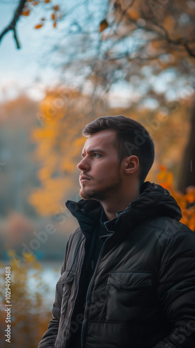 Pensive Young Man in Autumn Park Contemplating Nature in Casual Jacket