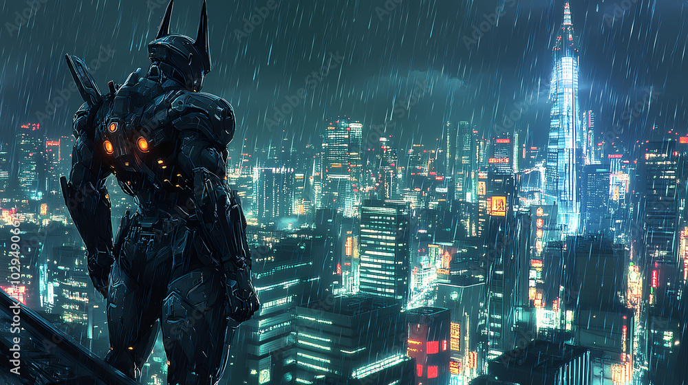 Mecha Samurai Overlooking Neon City: Futuristic Anime Art Mecha Samurai Overlooking Neon City: Futuristic Anime Art