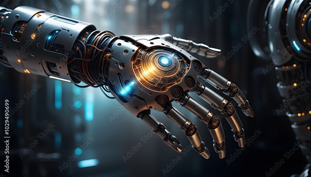 A futuristic robotic arm with a glowing energy core A futuristic robotic arm with a glowing energy core