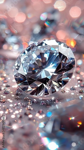 A dazzling diamond rests amid shimmering gems on a soft backdrop in bright lighting photo