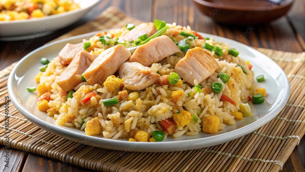 Reflected fried rice dish with sliced chicken and omelet Reflected fried rice dish with sliced chicken and omelet